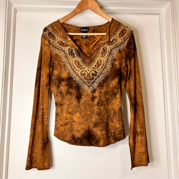 Mixit Brown Tie-Dye Blouse with Bead Embellishments - Size S - Picture 2 of 10